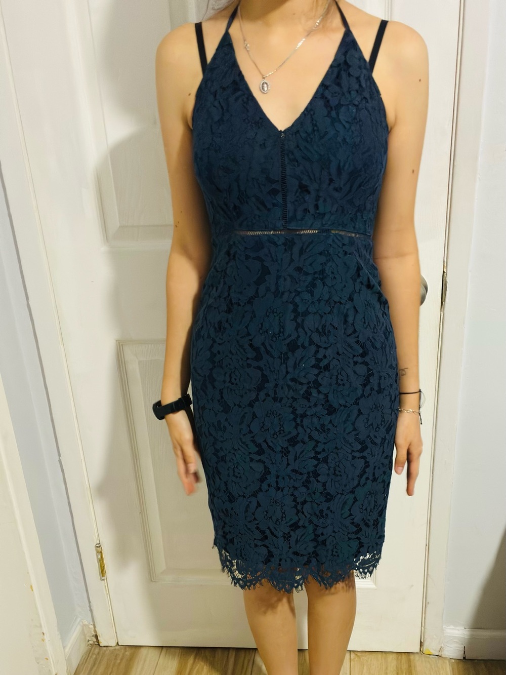 Navy Lace V-Neck Spaghetti Strap Sheath Dress